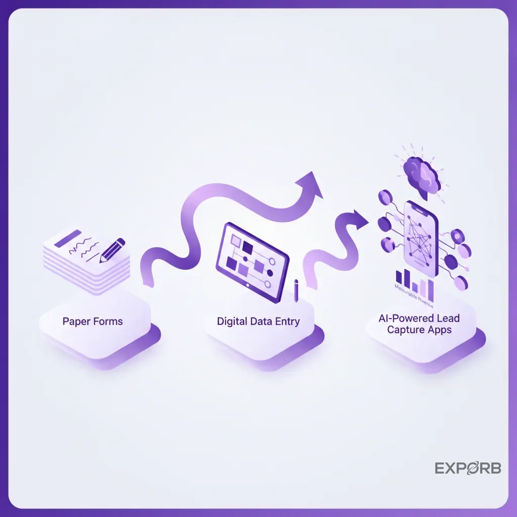 Infographic showing the evolution of trade show technology from paper forms to AI-powered lead capture apps.