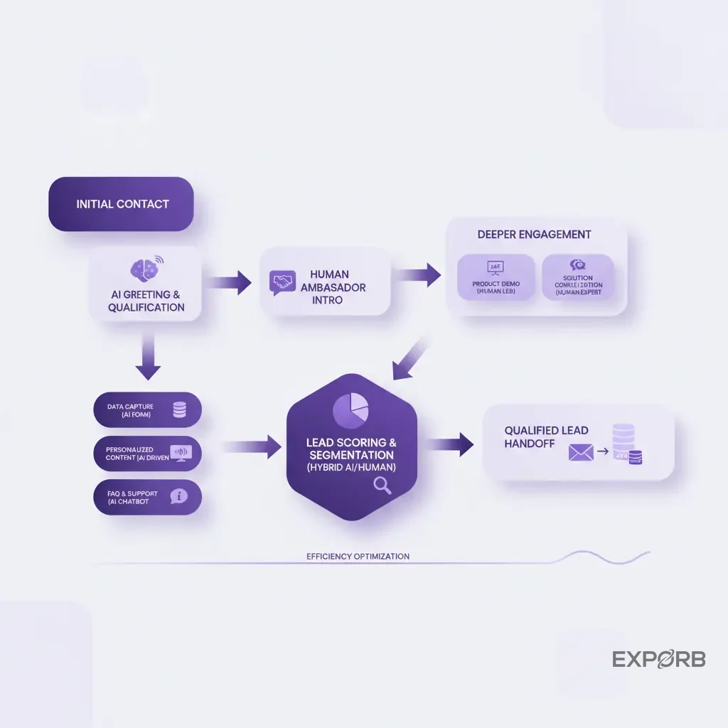 Flowchart showing a hybrid human-AI booth engagement model, from initial contact to qualified lead handoff.