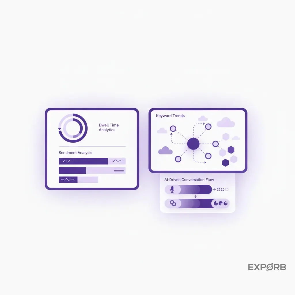 Dashboard infographic displaying AI-driven booth analytics like dwell time, sentiment analysis, and keyword trends.
