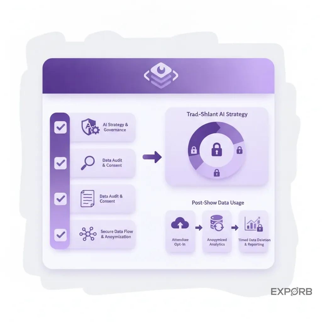 Checklist infographic outlining steps for a privacy-compliant AI strategy at a trade show.
