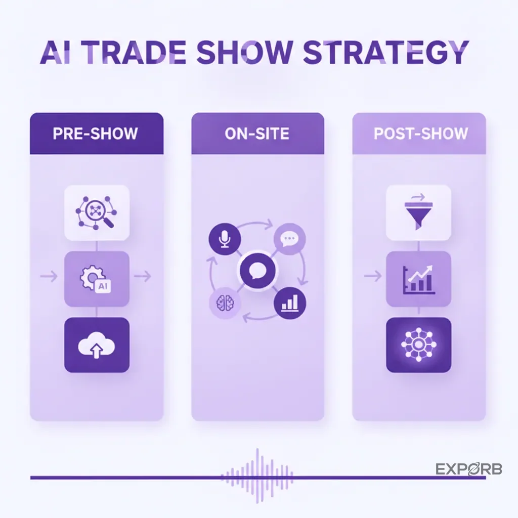 A three-column infographic detailing the key pillars of a successful AI trade show strategy: Pre-Show, On-Site, and Post-Show.