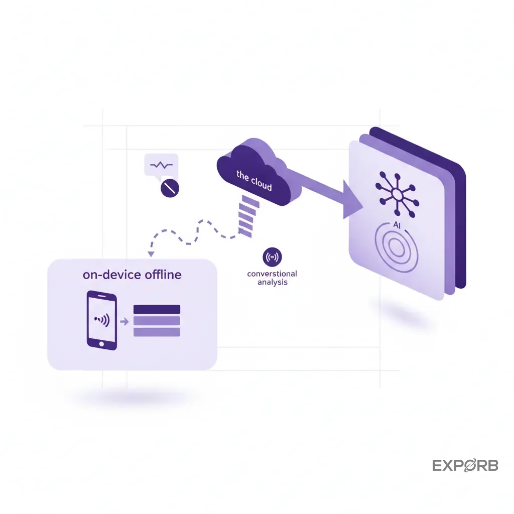 Diagram showing how data is captured on-device offline and then synced to the cloud for AI processing when a connection is available.