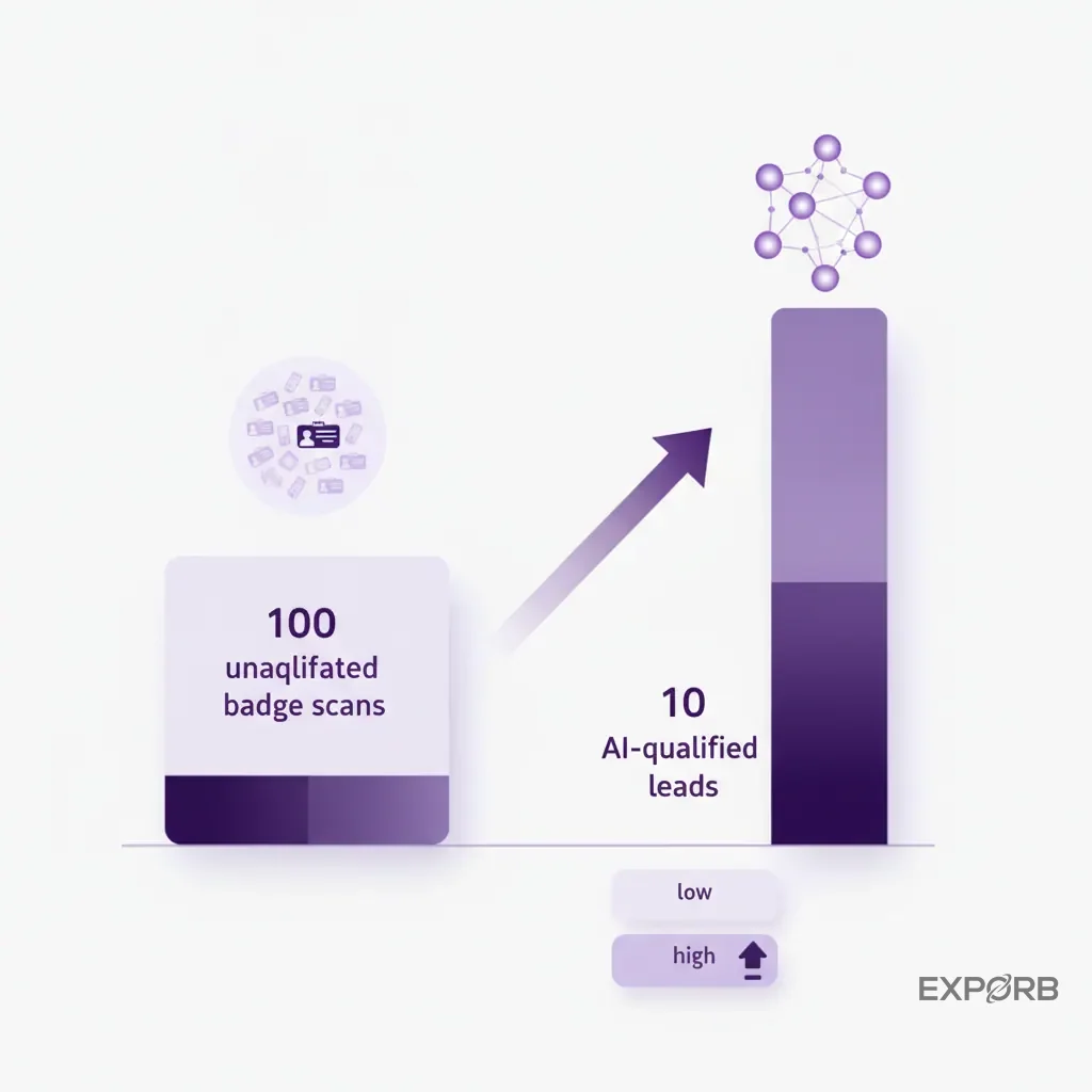 A bar chart comparing the conversion rate of 100 unqualified badge scans versus 10 AI-qualified leads, with the latter showing a much higher rate.