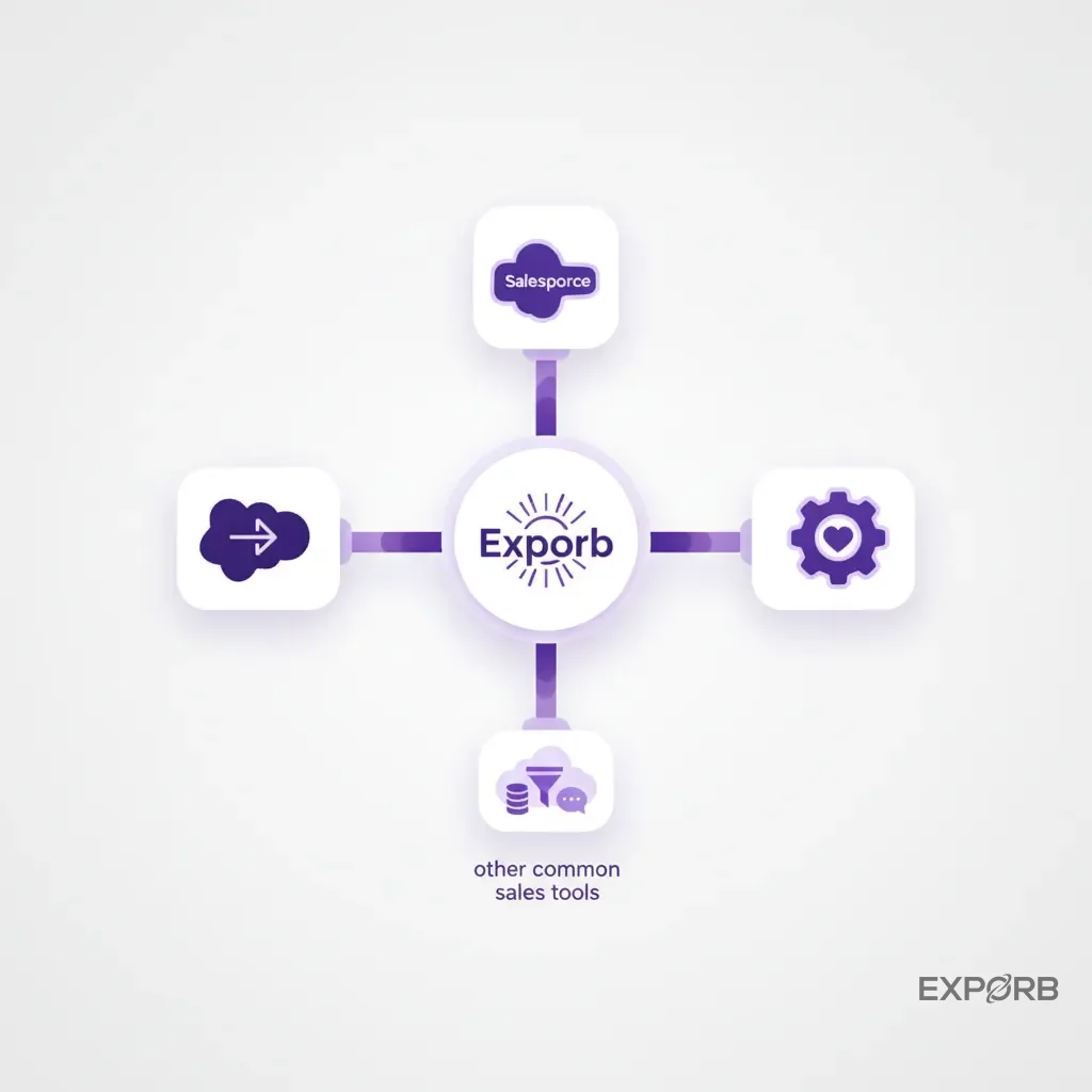Icon composition showing the Exporb logo connecting to logos for Salesforce, HubSpot, and other common sales tools.