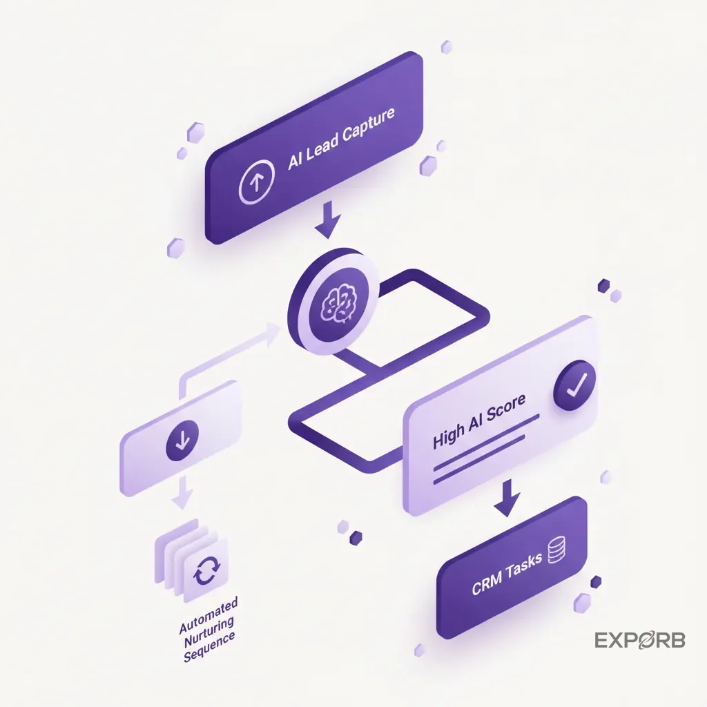 A process flow diagram showing how leads are routed based on their AI score: high scores trigger CRM tasks, low scores trigger automated nurturing.