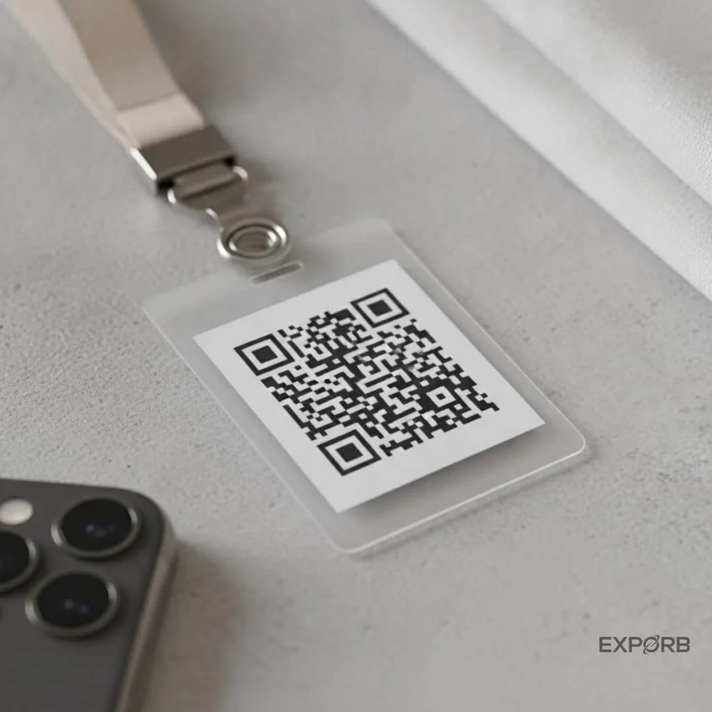 Macro close-up of a trade show badge QR code, phone camera approaching to scan