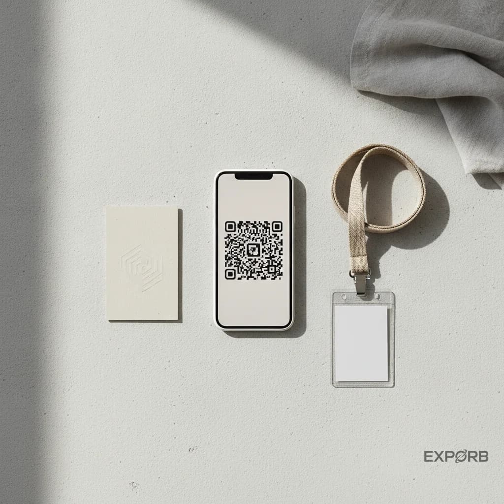 Smartphone scanning a trade show badge QR code — universal lead capture in action