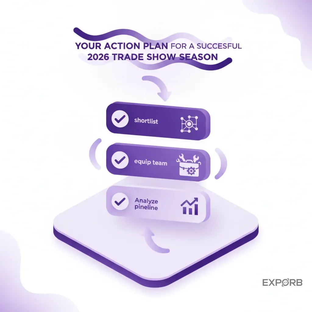A simple three-step checklist infographic: 1. Shortlist Events, 2. Equip Team, 3. Analyze Pipeline.