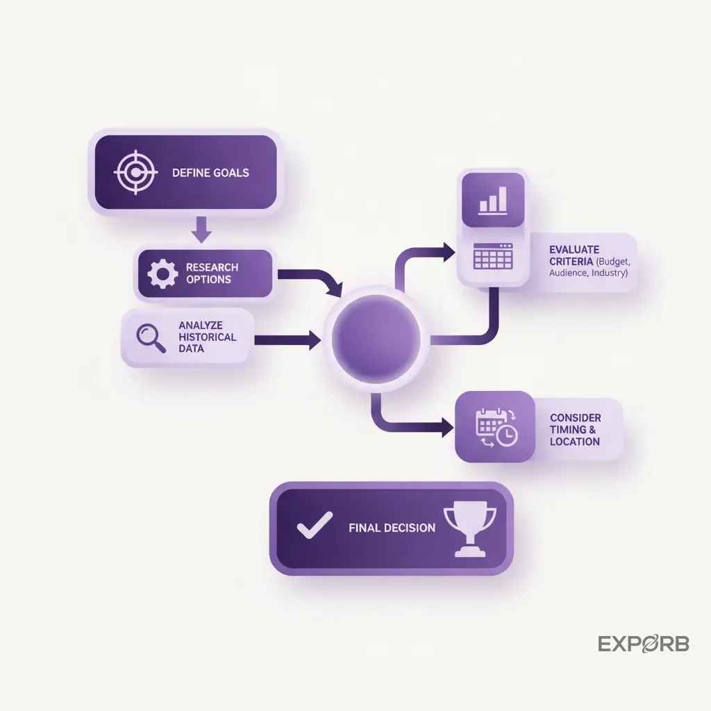 Flowchart diagram illustrating the process of selecting a trade show, from defining goals to analyzing historical data and making a final decision.