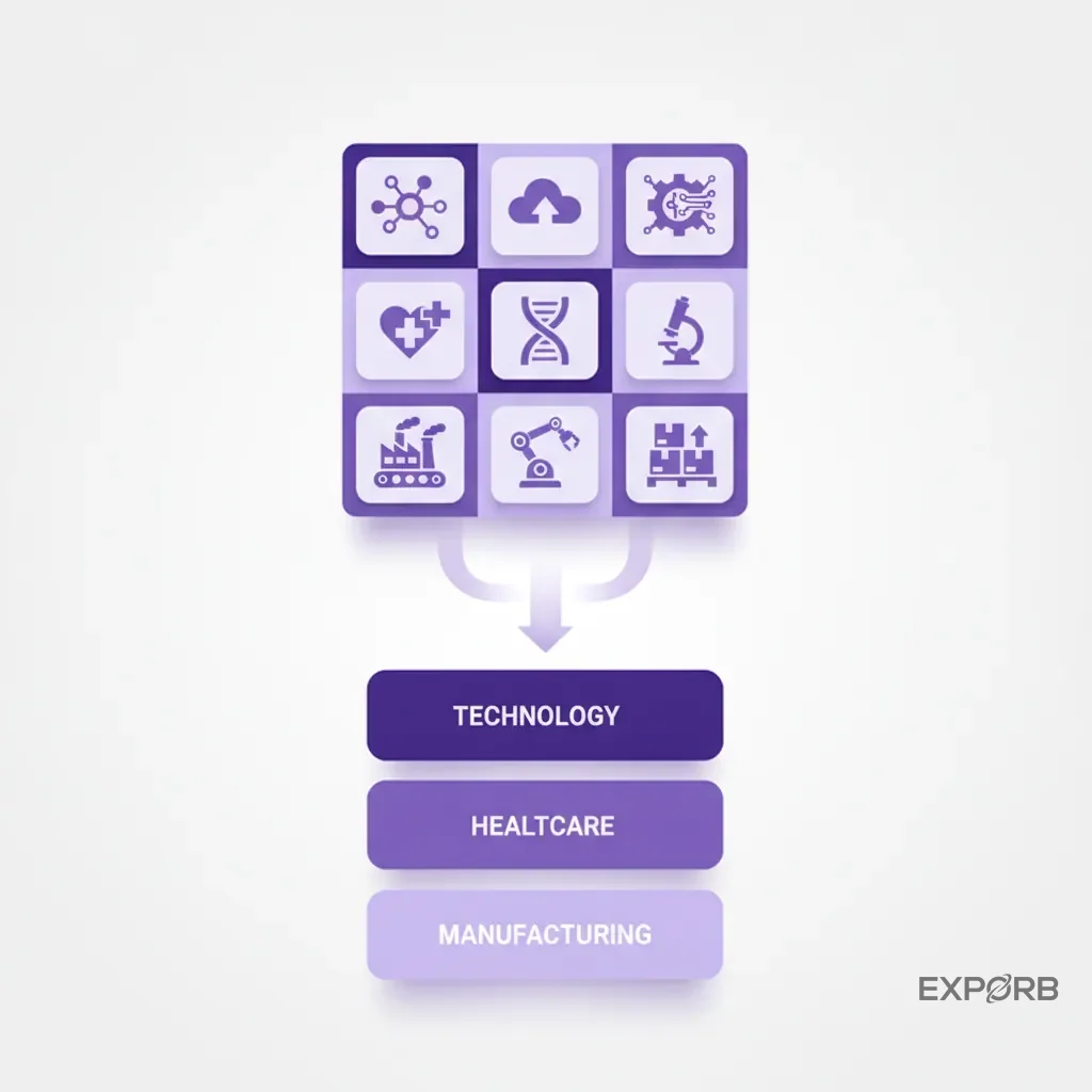 Icon grid showing symbols for technology, healthcare, and manufacturing, representing key industry verticals for trade shows.