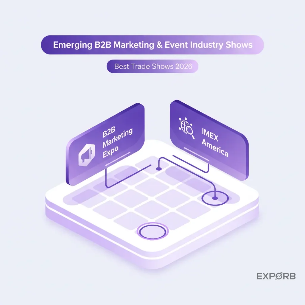 Calendar infographic with two events highlighted: B2B Marketing Expo and IMEX America, with icons representing marketing and global connections.