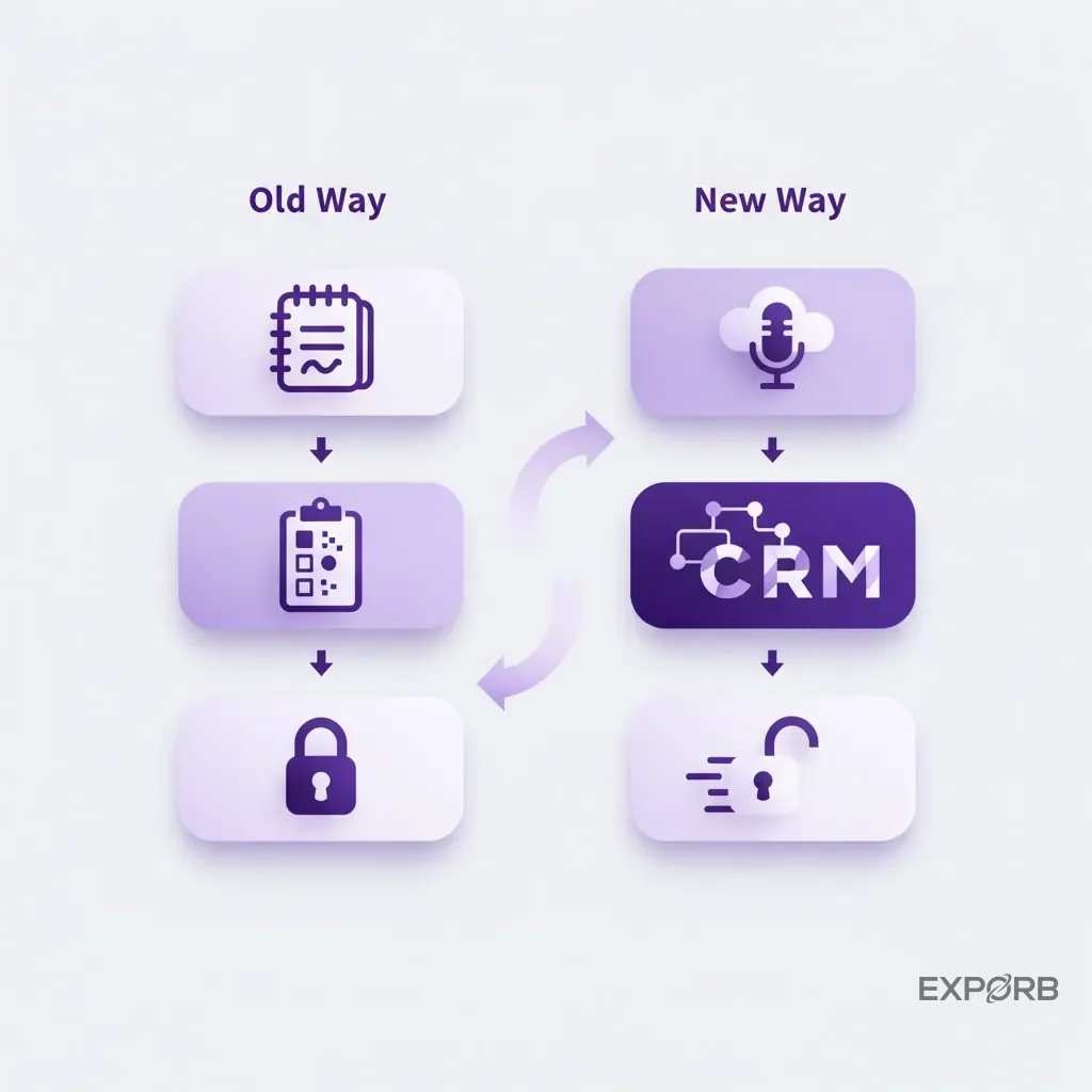Side-by-side comparison diagram showing 'Old Way' (manual notes, data entry) vs 'New Way' (AI transcription, automated CRM entry).