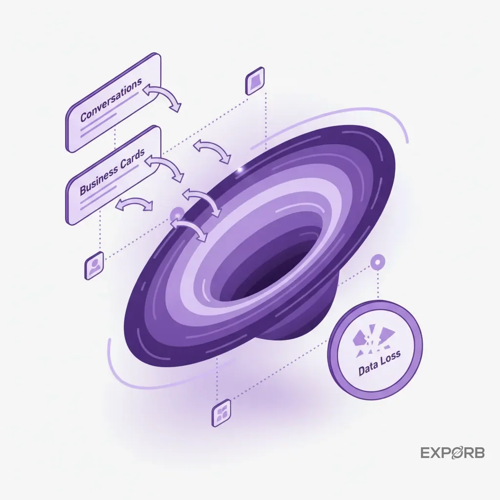 Infographic depicting a black hole labeled 'Post-Show Data Loss' with inputs like 'Conversations' and 'Business Cards' being lost.