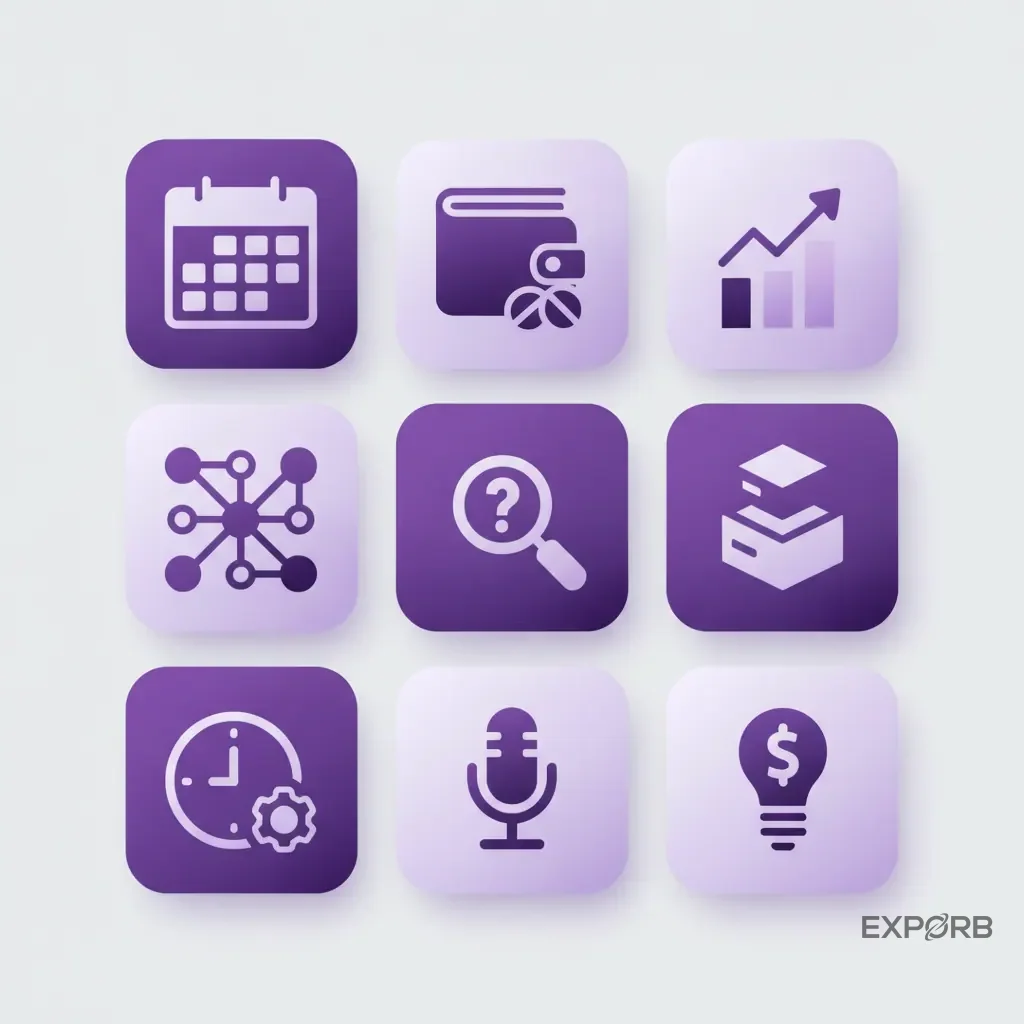 A grid of icons representing common questions: a calendar for planning, a wallet for budget, and a chart for ROI.