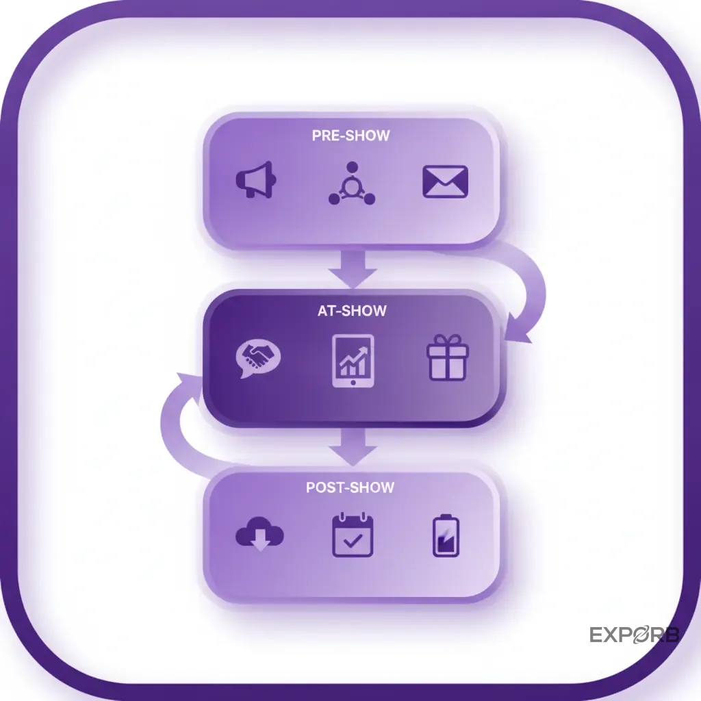 Checklist graphic with sections for pre-show, at-show, and post-show tasks, providing a clear action plan framework.