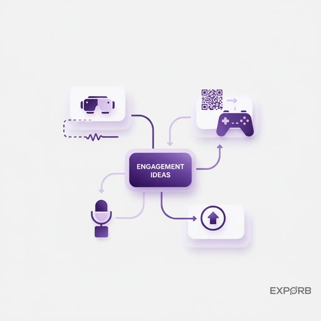 Icon composition showing various engagement ideas like a VR headset, a QR code, a game controller, and a microphone.