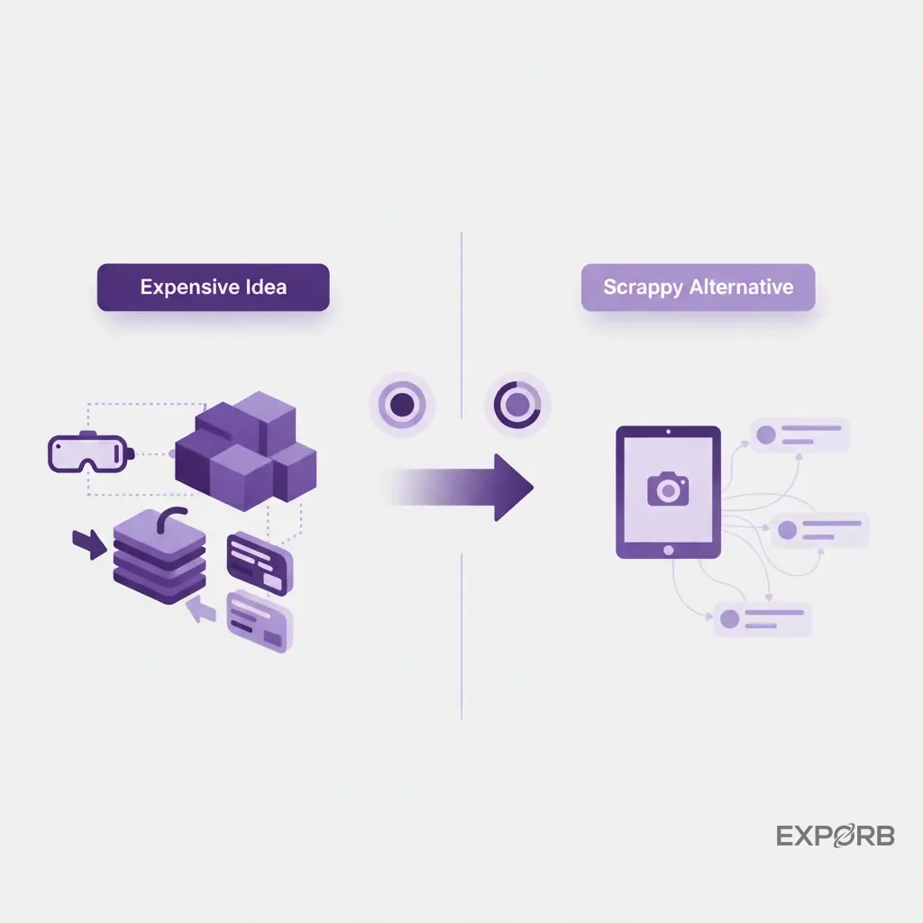 Side-by-side comparison infographic: 'Expensive Idea' (e.g., VR setup) vs. 'Scrappy Alternative' (e.g., iPad with video testimonials), showing similar outcomes with different budgets.