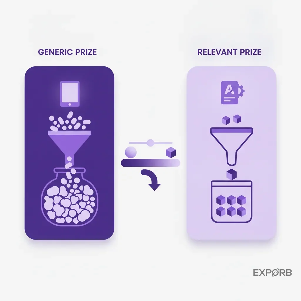 Infographic comparing two giveaway strategies: a generic prize (iPad) leading to a large, unqualified crowd vs. a relevant prize (software license) leading to a smaller, qualified audience.