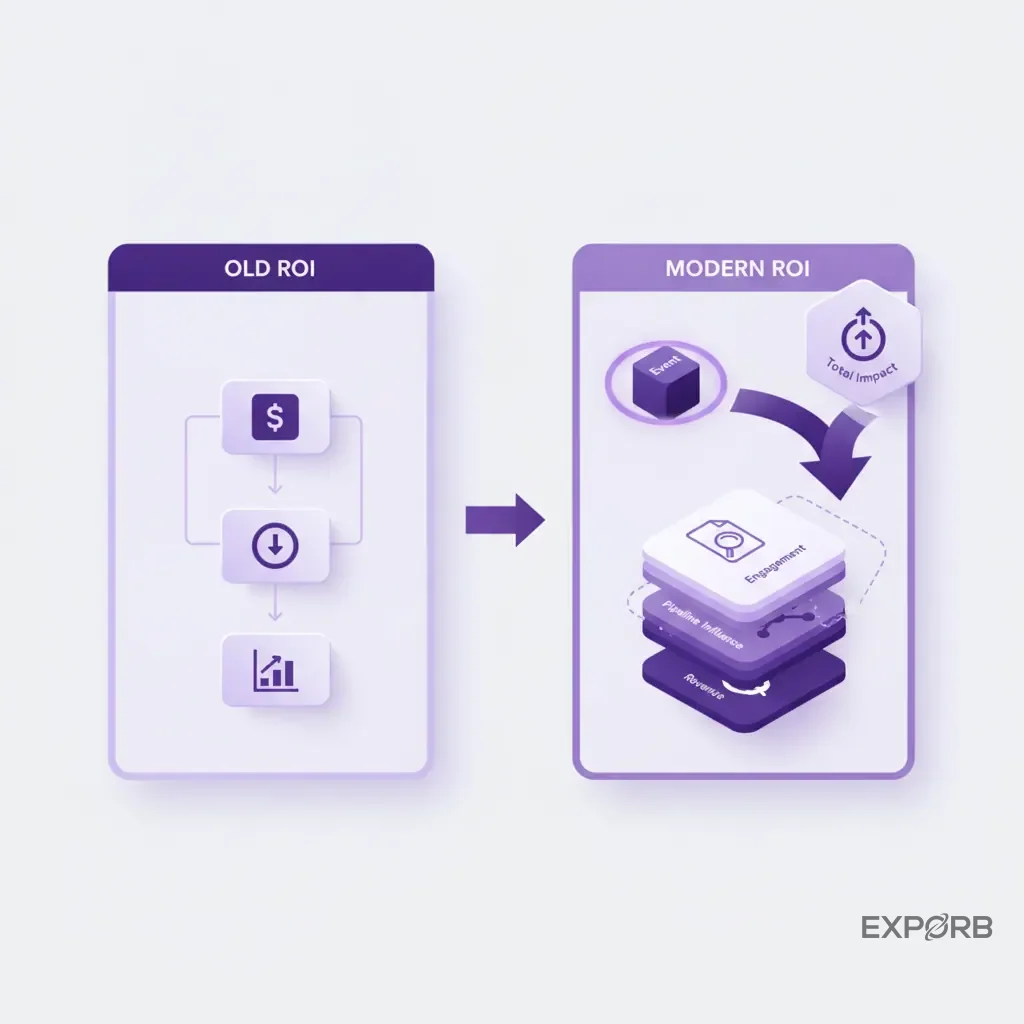 Flowchart showing old vs. modern event ROI calculations, with modern including pipeline influence and attendee engagement.