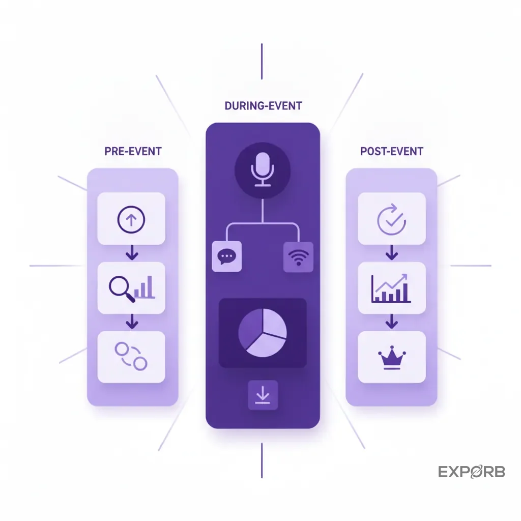 Three-column infographic detailing data points to collect pre-event, during-event, and post-event.