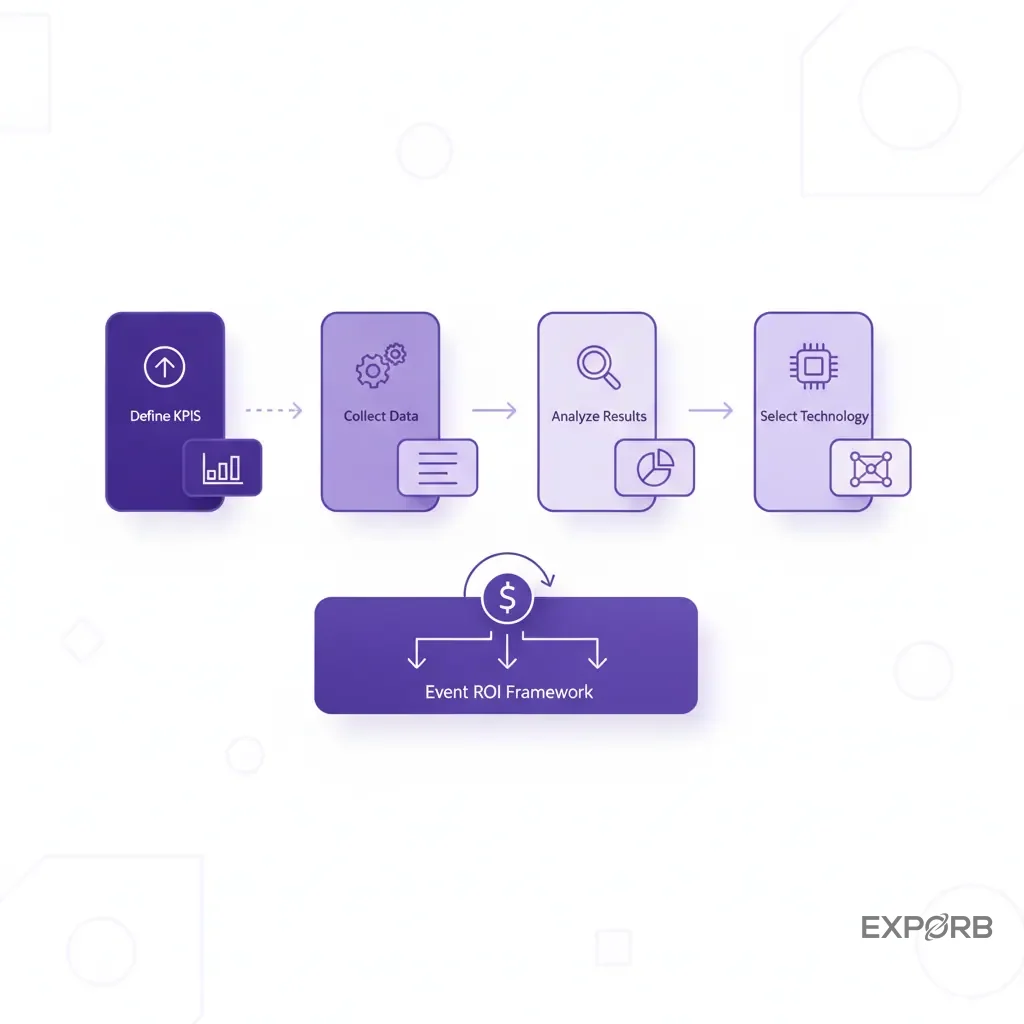 Step-by-step diagram showing the process of building an event ROI framework from defining KPIs to selecting technology.