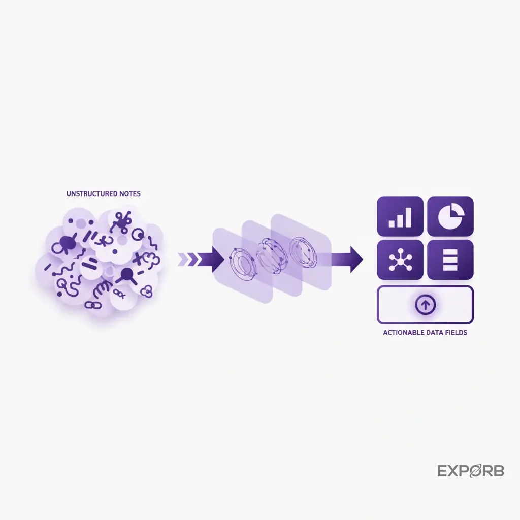 Diagram showing unstructured conversation notes transforming into structured, actionable data fields in a CRM.