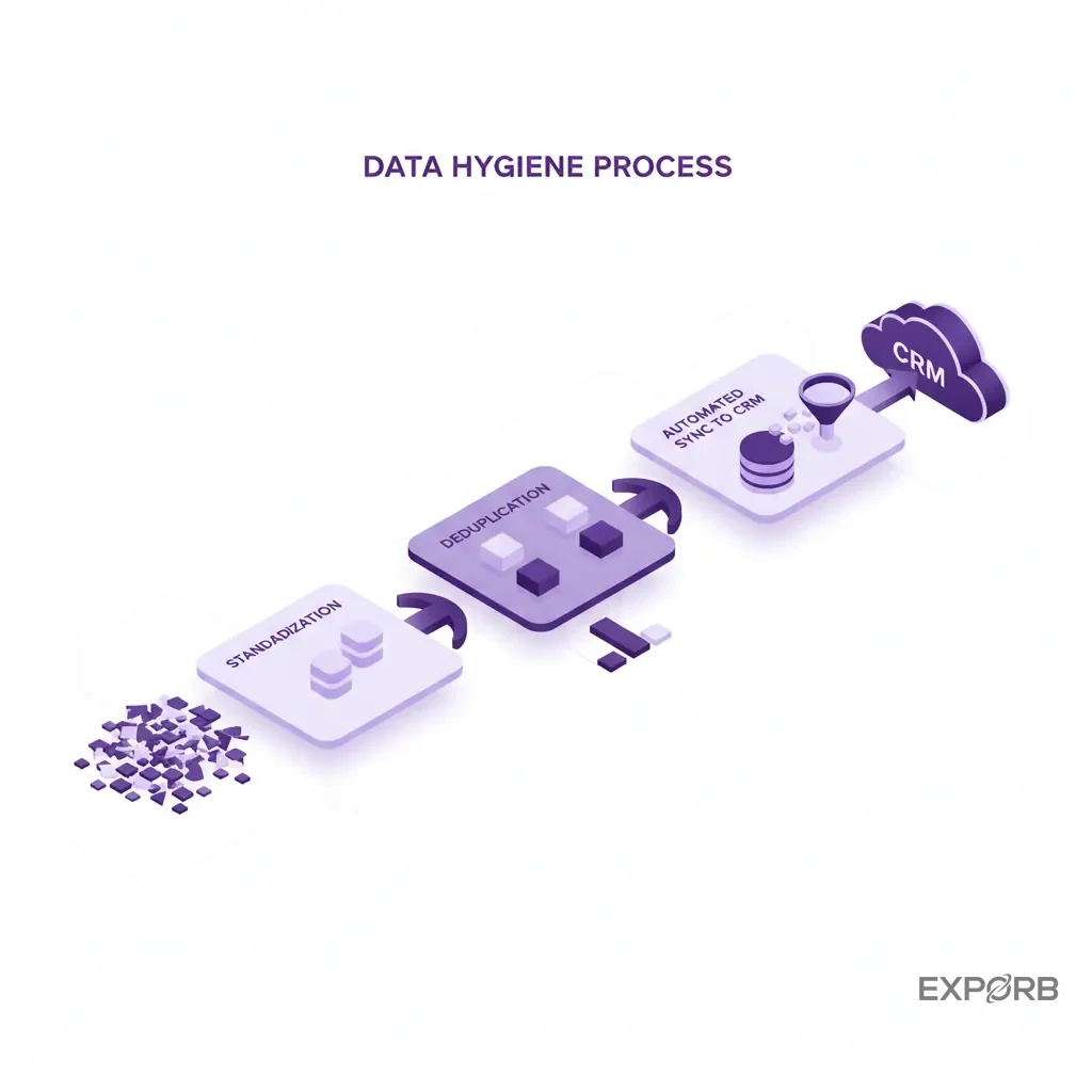 Infographic illustrating the data hygiene process: standardization, deduplication, and automated sync to CRM.