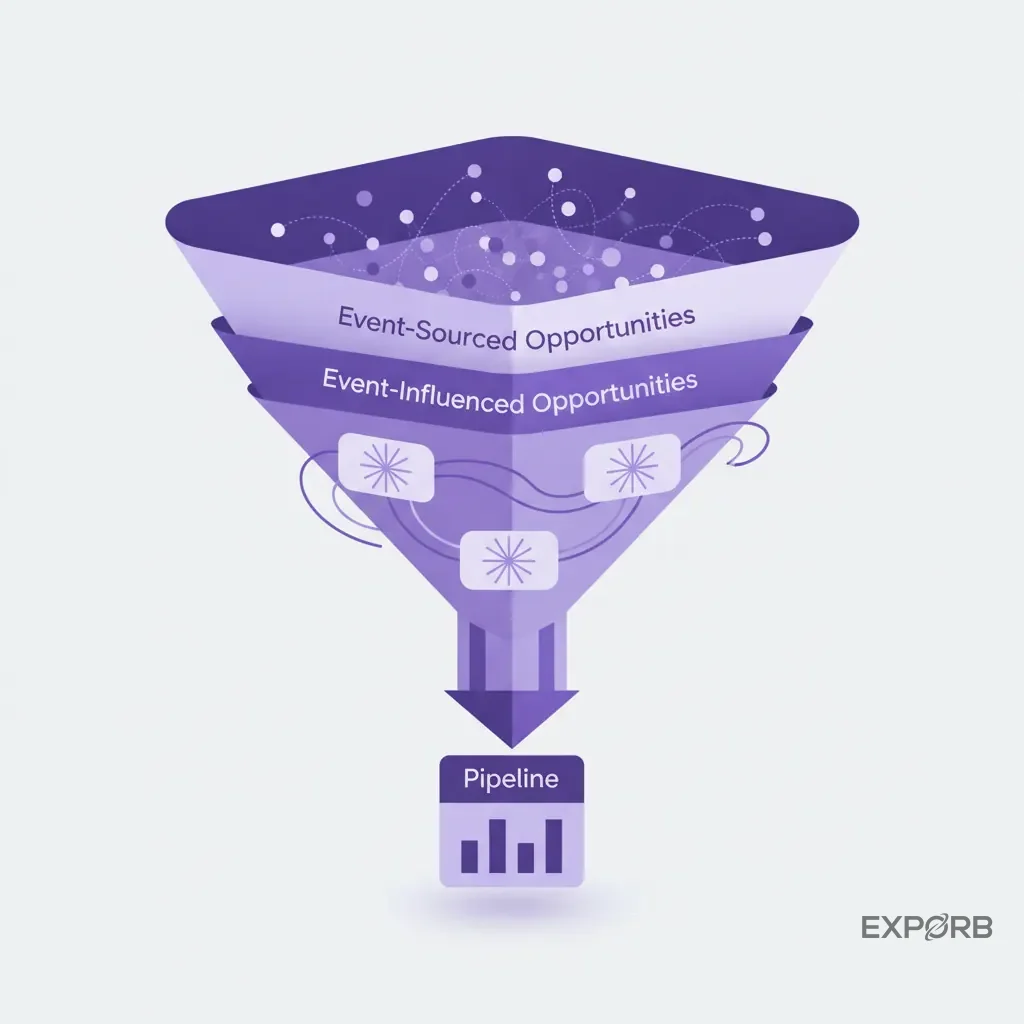 Funnel diagram showing the distinction between event-sourced opportunities (top of funnel) and event-influenced opportunities (mid-funnel).