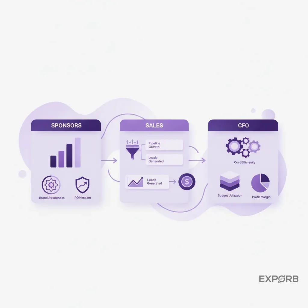Infographic with three sections, one for each stakeholder (Sponsors, Sales, CFO) and the key metrics they care about.