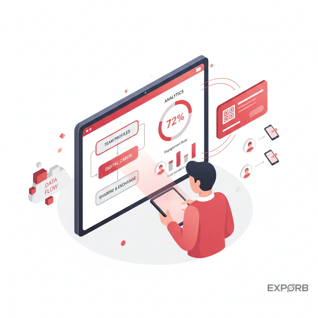 Eine Person verwendet ein Tablet, um digitale Visitenkarten für ein Team zu verwalten, zeigt Analysen und Profile