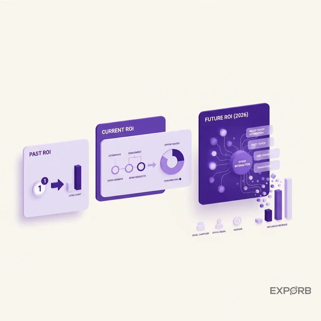 Infographic showing the evolution of event ROI from simple lead counts to multi-touch attribution models