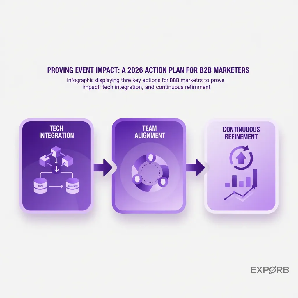 Infographic displaying three key actions for B2B marketers to prove event impact: tech integration, team alignment, and continuous refinement