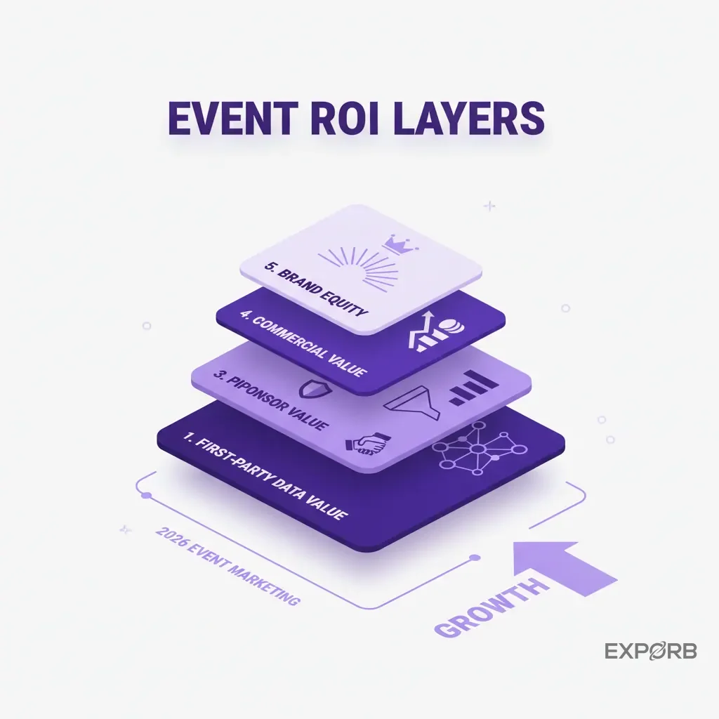 Infographic showing five layers of event ROI, including commercial, pipeline, attendee, sponsor, and first-party data value