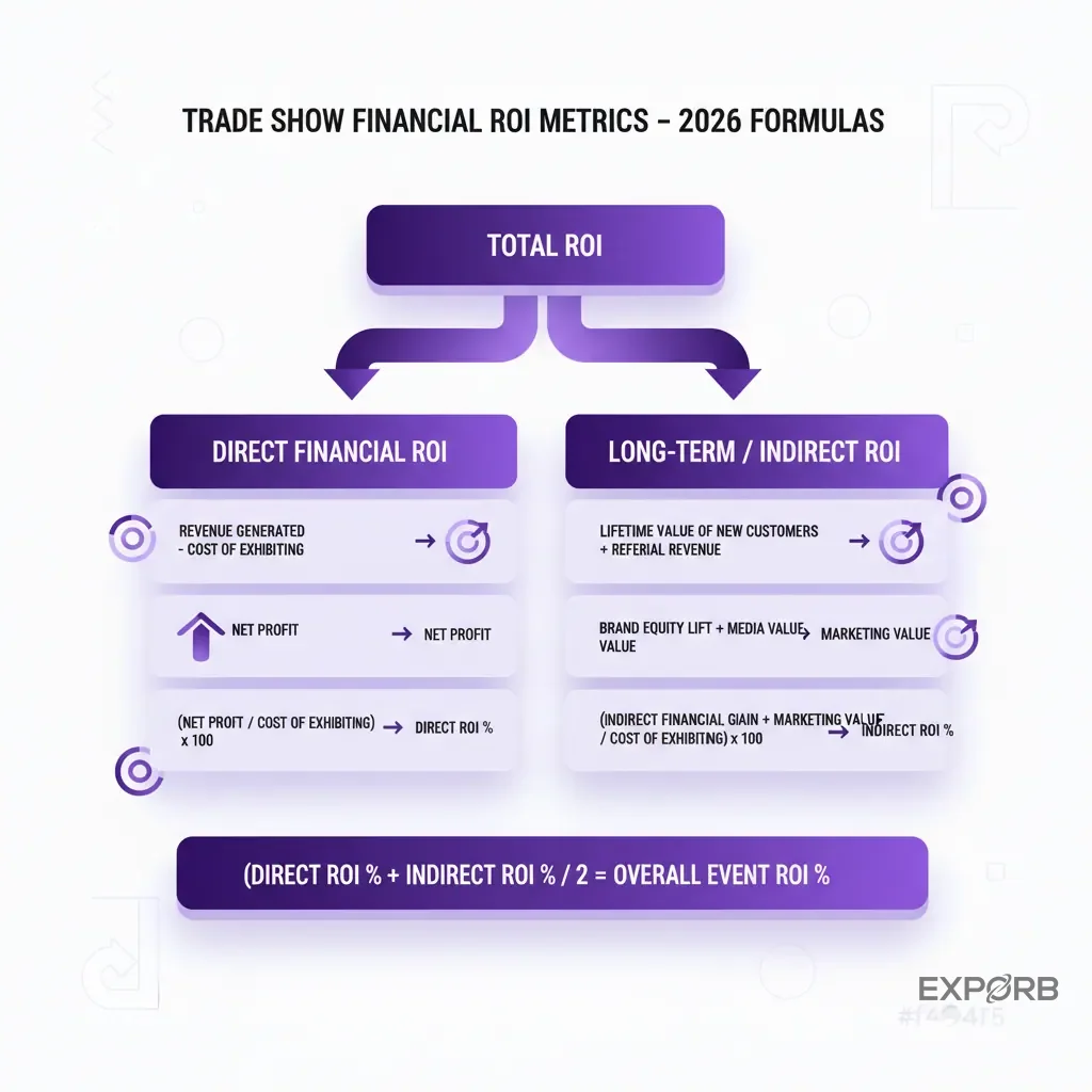 Diagram showing formulas for calculating various financial ROI metrics for trade shows