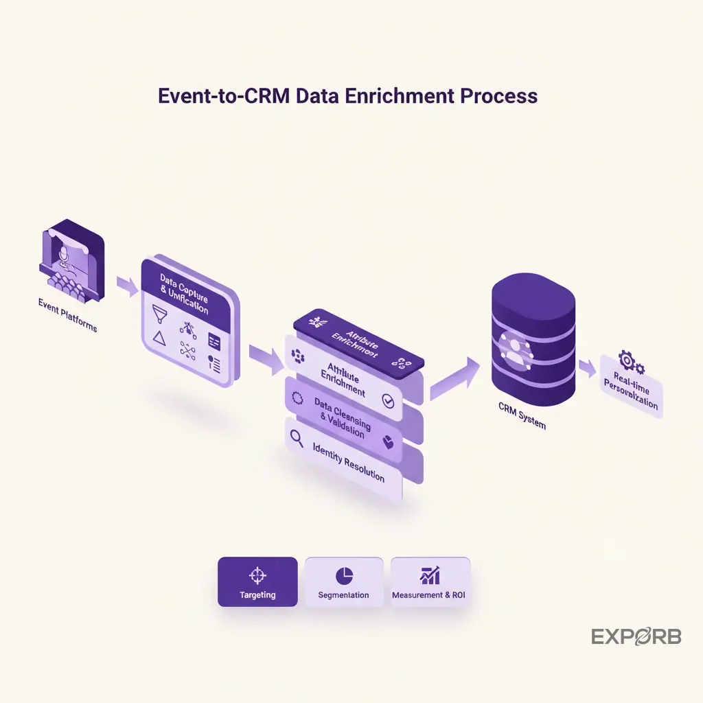 Diagram illustrating the process of capturing and enriching first-party data from events into a CRM