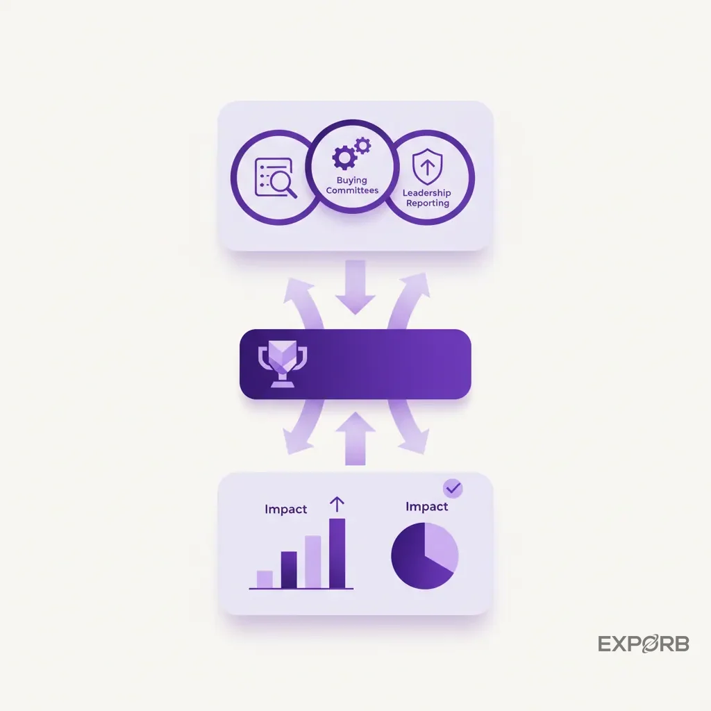 Icon composition showing elements of account-based event ROI, including target accounts, buying committees, and leadership reporting