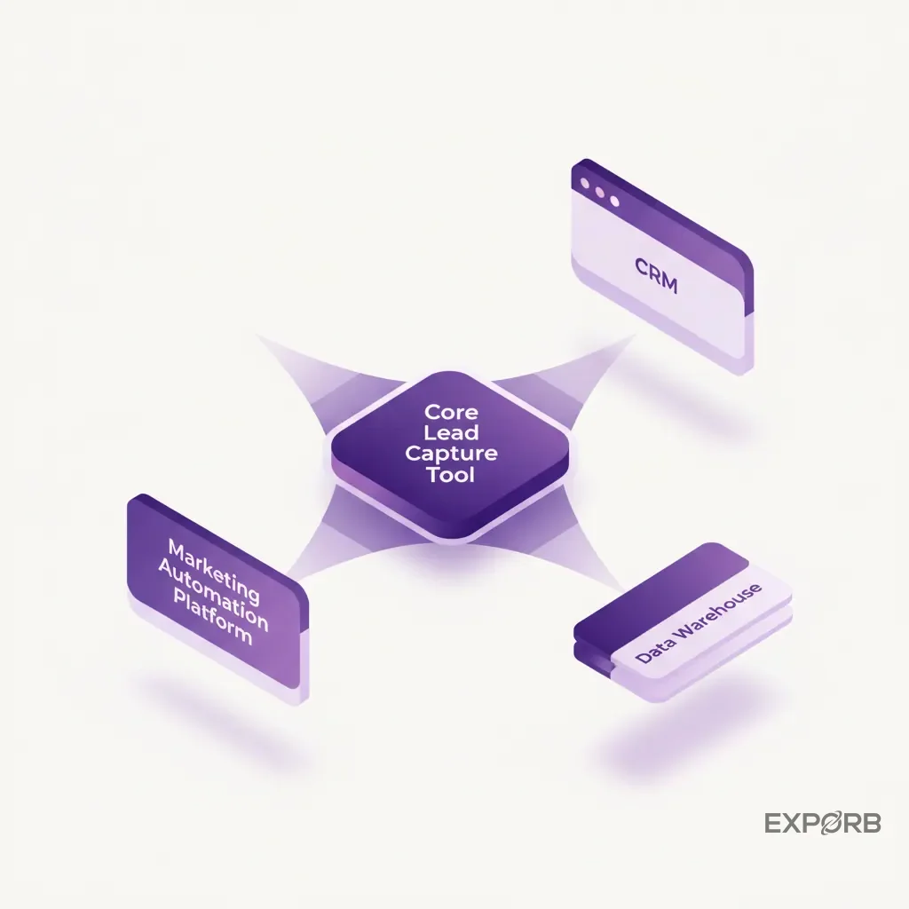Diagram showing a core lead capture tool as the central hub, with spokes connecting to a CRM, marketing automation platform, and data warehouse.