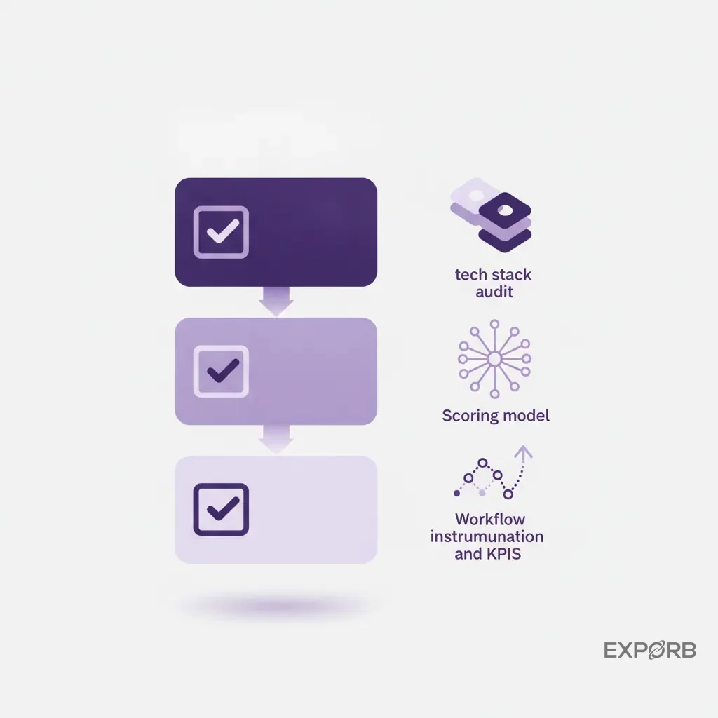 Checklist infographic outlining the three action steps: 1. Audit tech stack, 2. Define scoring model, 3. Instrument workflow and set KPIs.