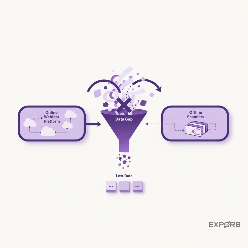 Diagram illustrating the data gap between online webinar platforms and offline booth scanners, with valuable conversation data lost in the middle.