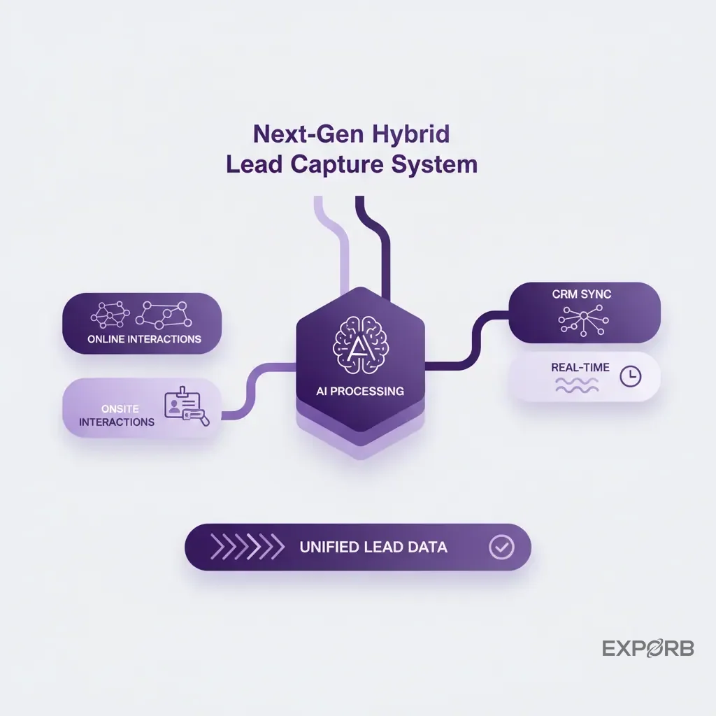 Flowchart showing how a modern system unifies online and onsite interactions, processes them with AI, and syncs them to a CRM in real-time.