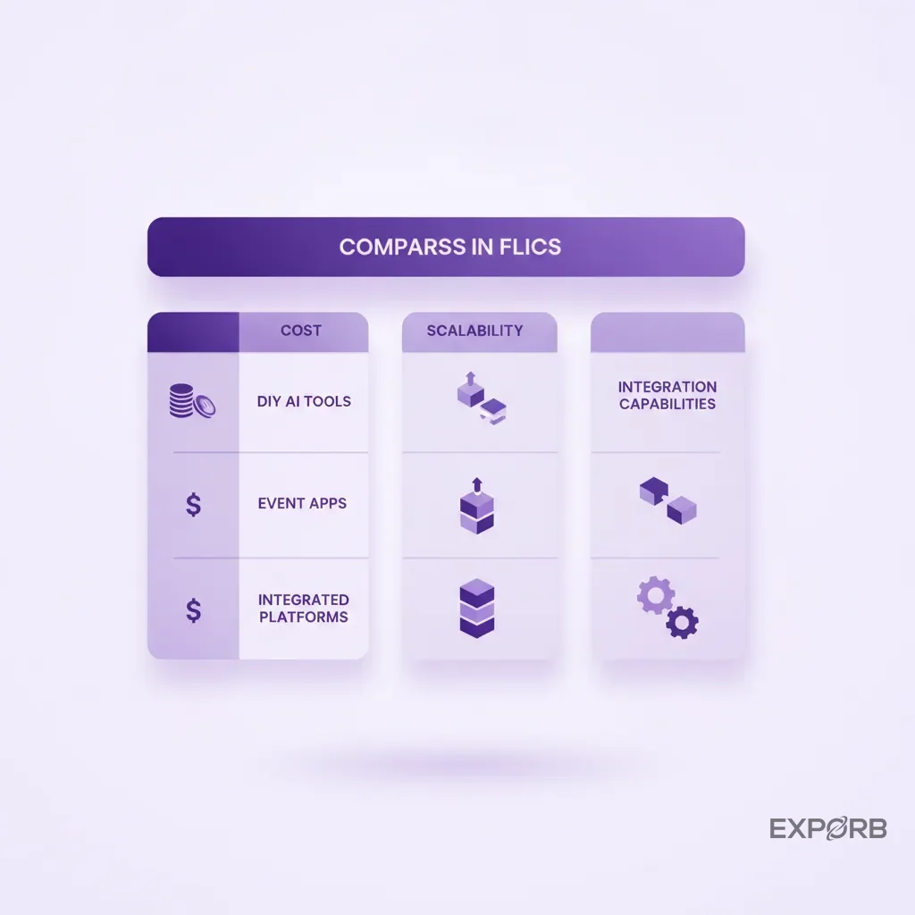 Comparison table infographic breaking down DIY AI tools, event apps, and integrated platforms by cost, scalability, and integration capabilities.