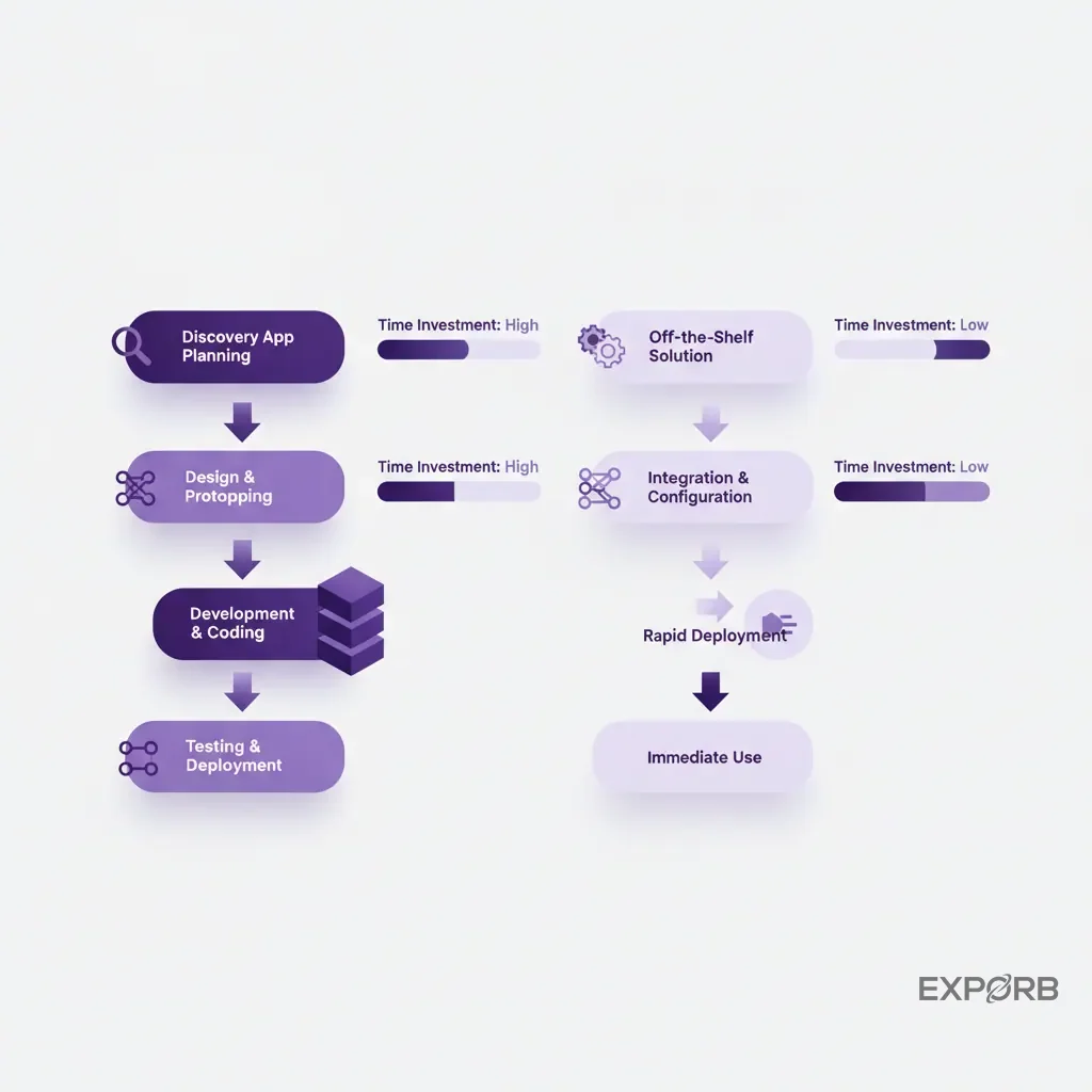 Flow diagram comparing the steps and time investment for building a custom app versus buying an off-the-shelf solution.