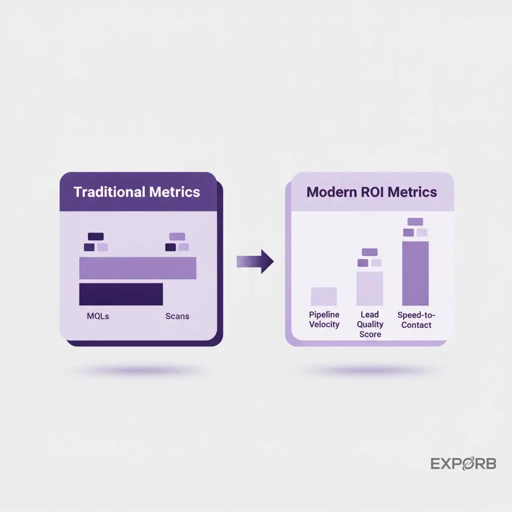 Bar chart comparing traditional metrics (MQLs, scans) with modern ROI metrics (pipeline velocity, lead quality score, speed-to-contact).