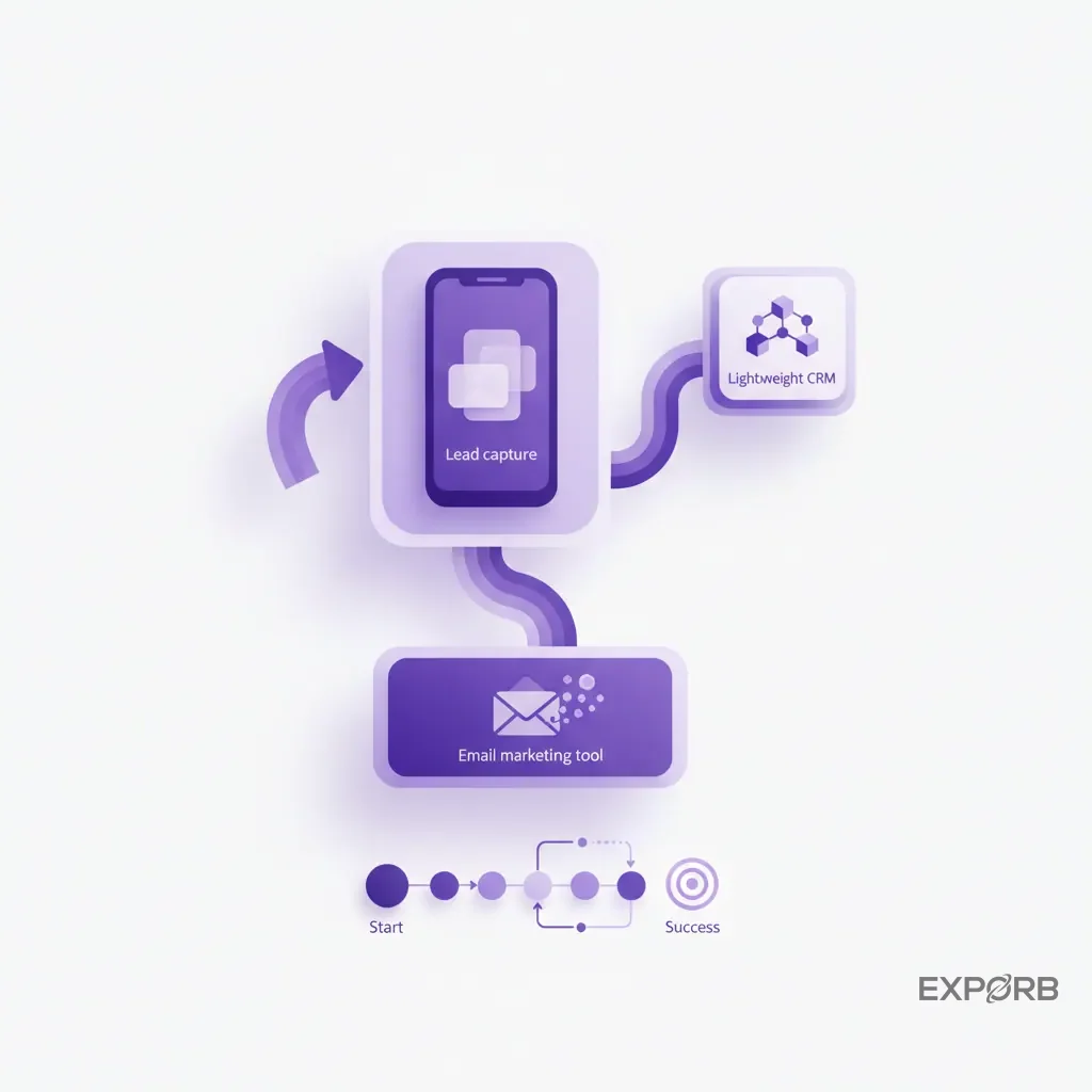 Icon composition showing a startup's toolkit: a mobile app for lead capture, a lightweight CRM, and an email marketing tool.