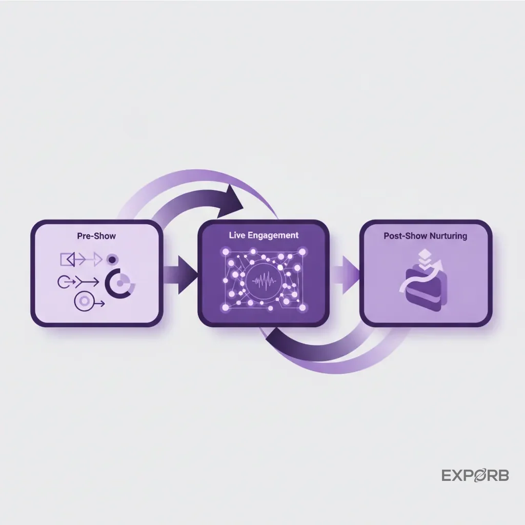 Flowchart illustrating the three phases of a hybrid event: pre-show, live engagement, and post-show nurturing