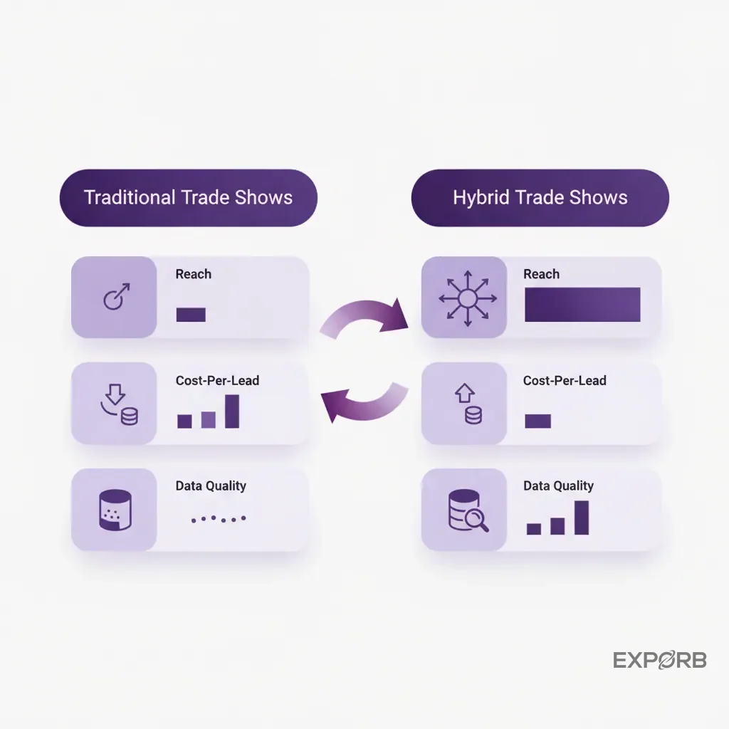 Infographic comparing key metrics for traditional vs. hybrid trade shows, such as reach, cost-per-lead, and data quality