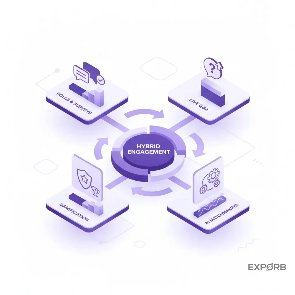 Icon composition showing various engagement tools like polls, Q&A, gamification, and AI matchmaking