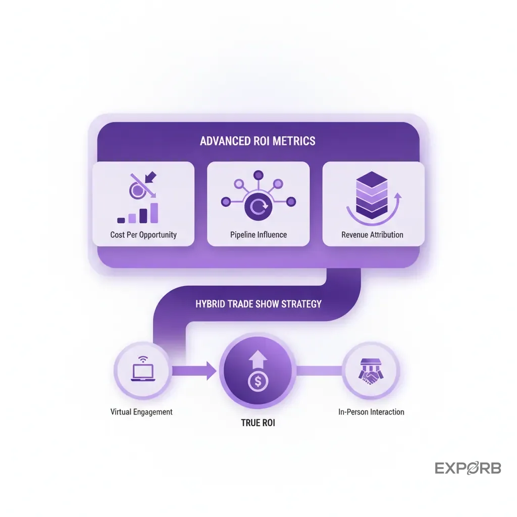 Dashboard infographic showing advanced ROI metrics like cost per opportunity, pipeline influence, and revenue attribution