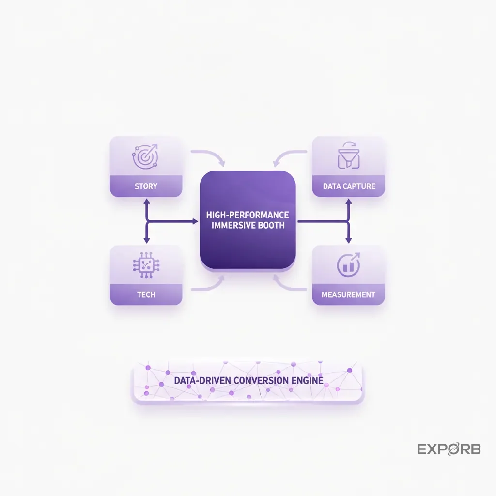 Blueprint-style graphic summarizing the key components of a high-performance immersive booth: story, tech, data capture, and measurement.