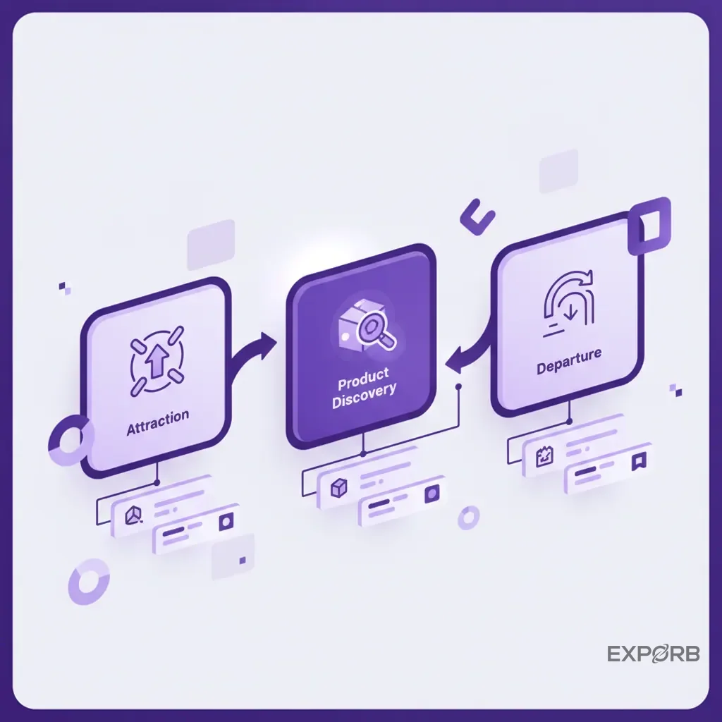 Flowchart diagram illustrating the three stages of a booth visitor's journey: Attraction, Product Discovery, and Departure.